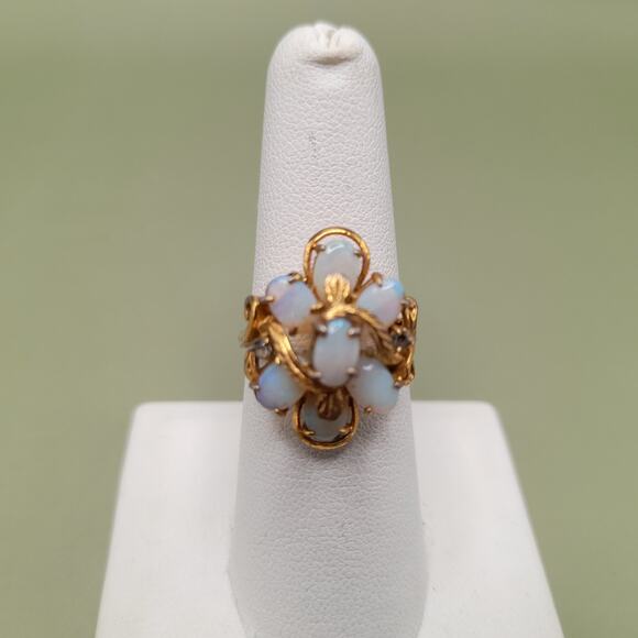 Vintage KAOS Opal Ring, Size 6 3/4, 14KHGE, 2 Dark Rhinestones - Picture 3 of 10